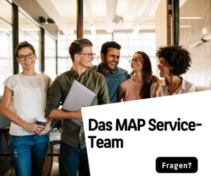 Ein Bild des MAP-Service-Teams, das bereit ist, Unterstützung und Informationen zum Studiengang Arbeits- und Personalmanagement zu bieten